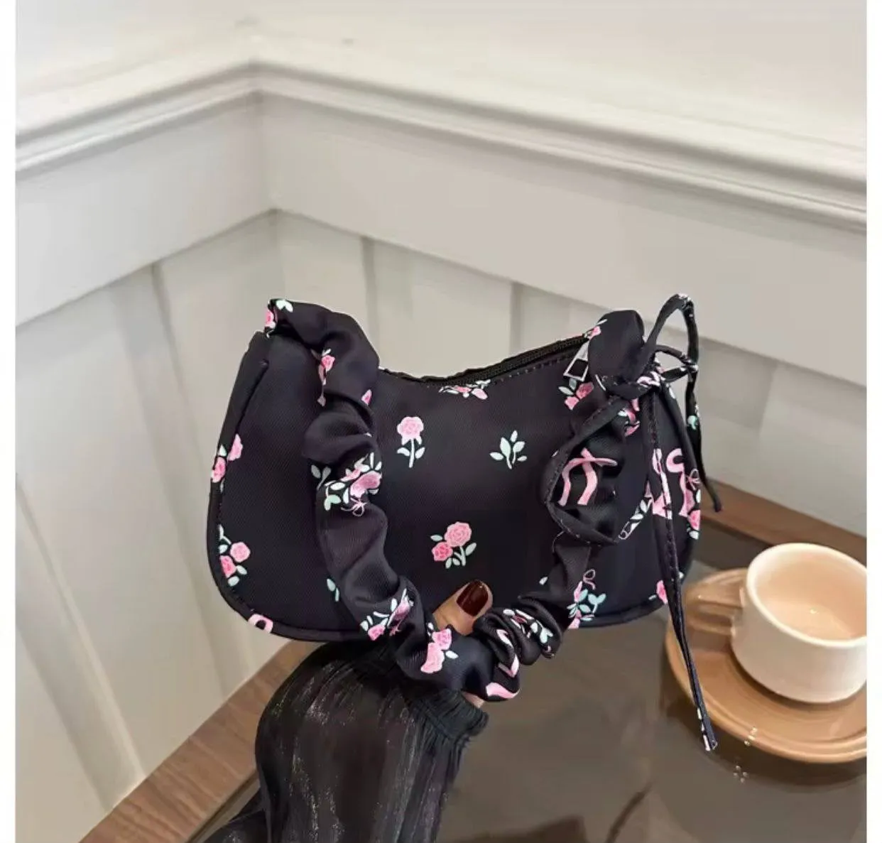 Black Floral Ruffled Shoulder Bag