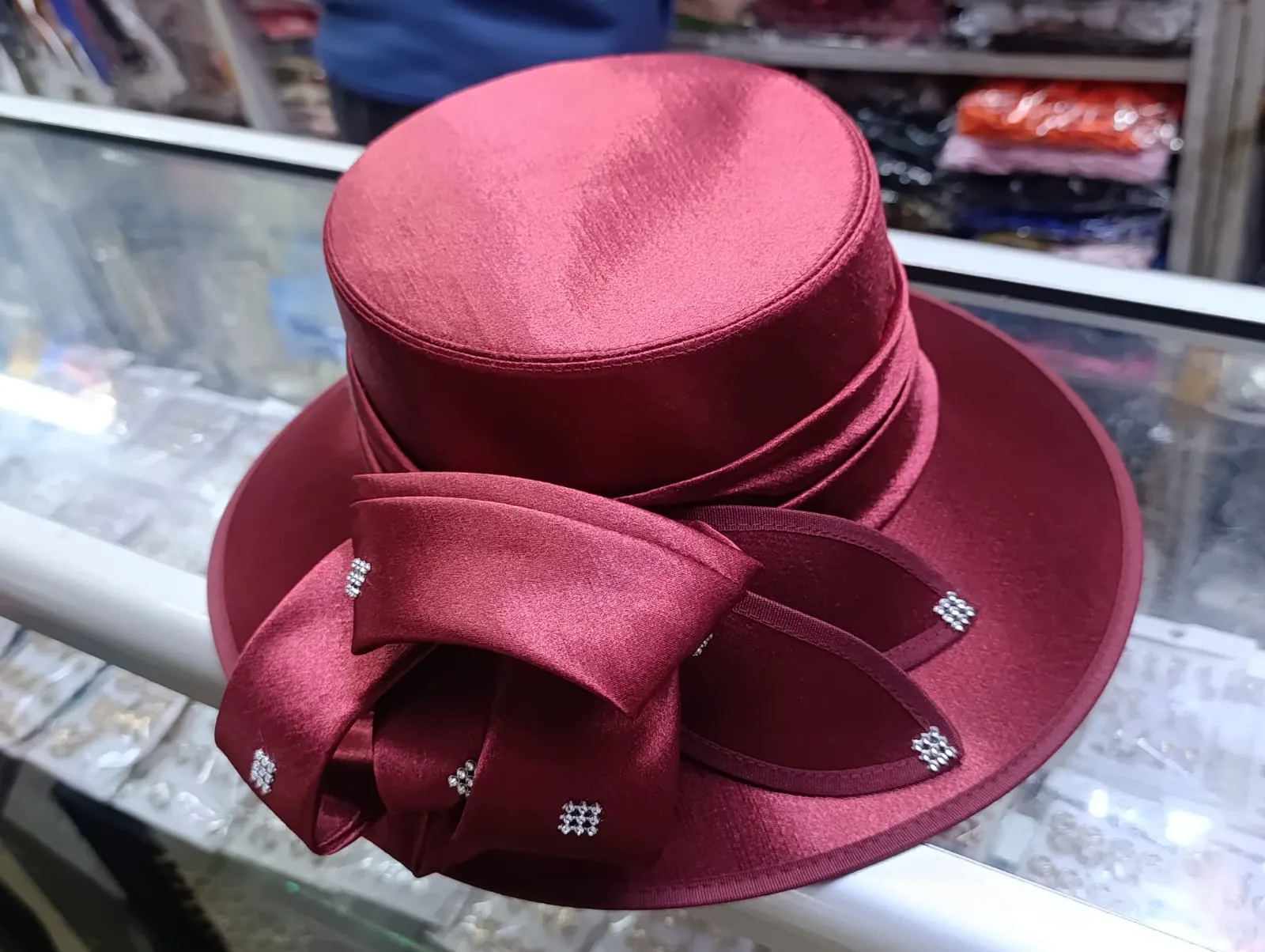 Burgundy Satin Dress Hat with Bow