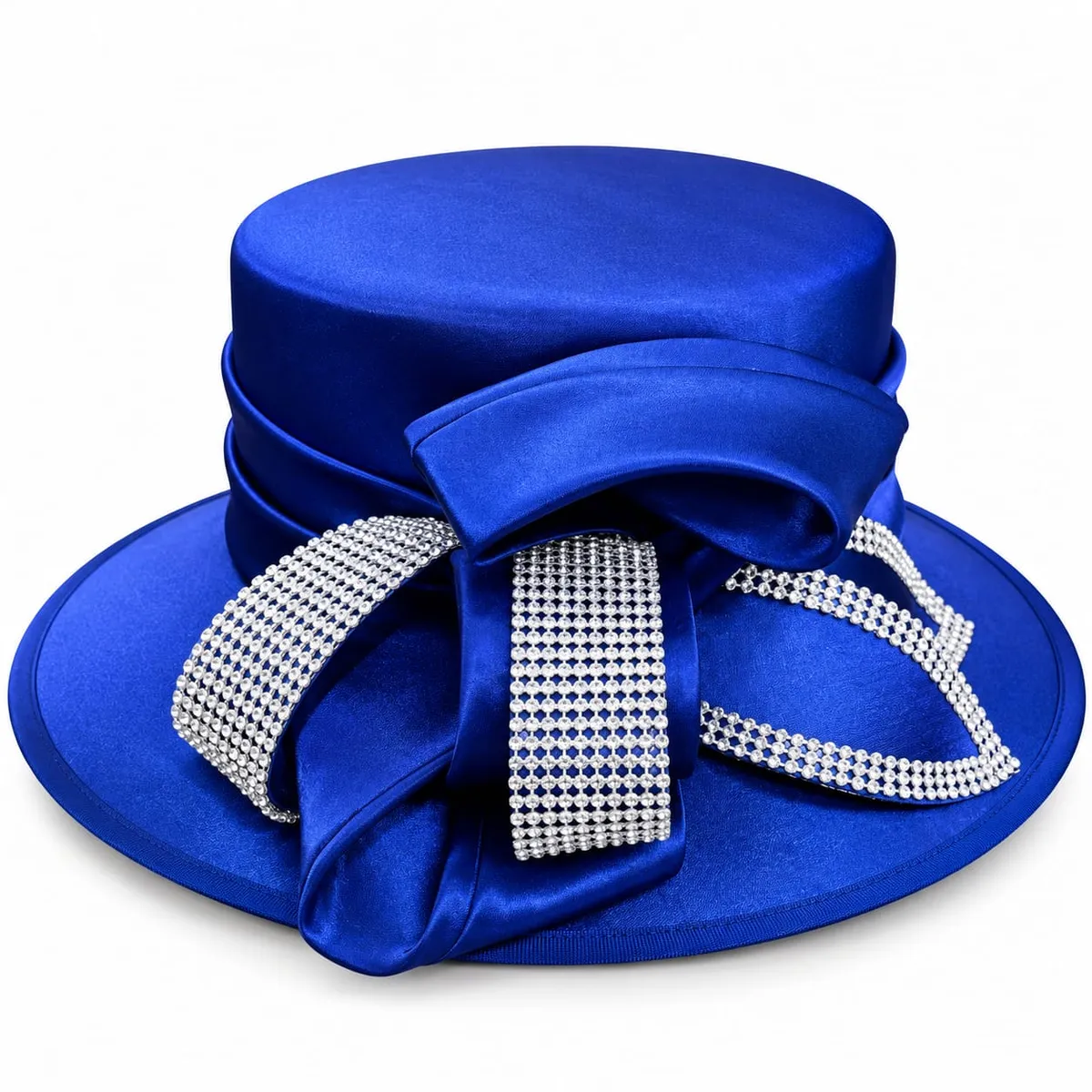 Royal Blue Satin Wide-Brim Dress Hat with Rhinestone Bow - Image 2