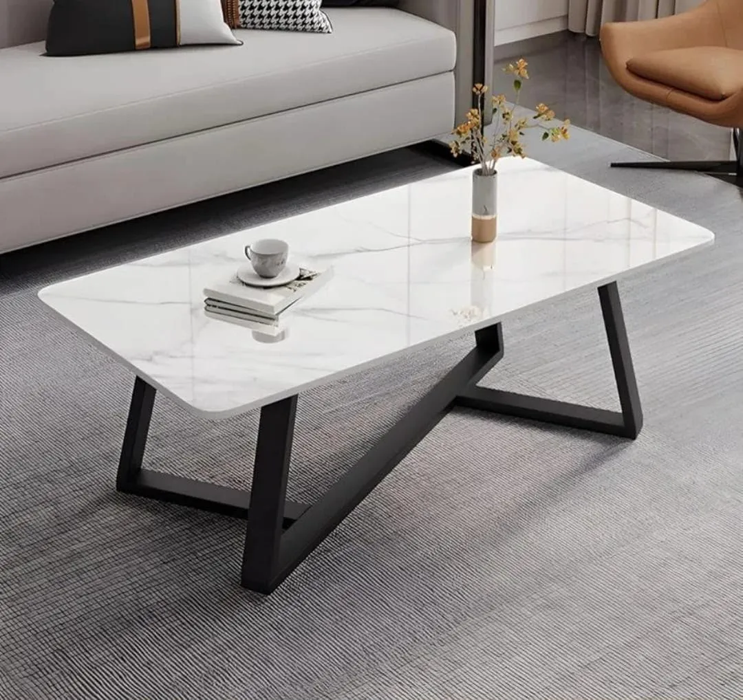 Pure Marble Top Coffee Table with White Surface and Black Metal Frame