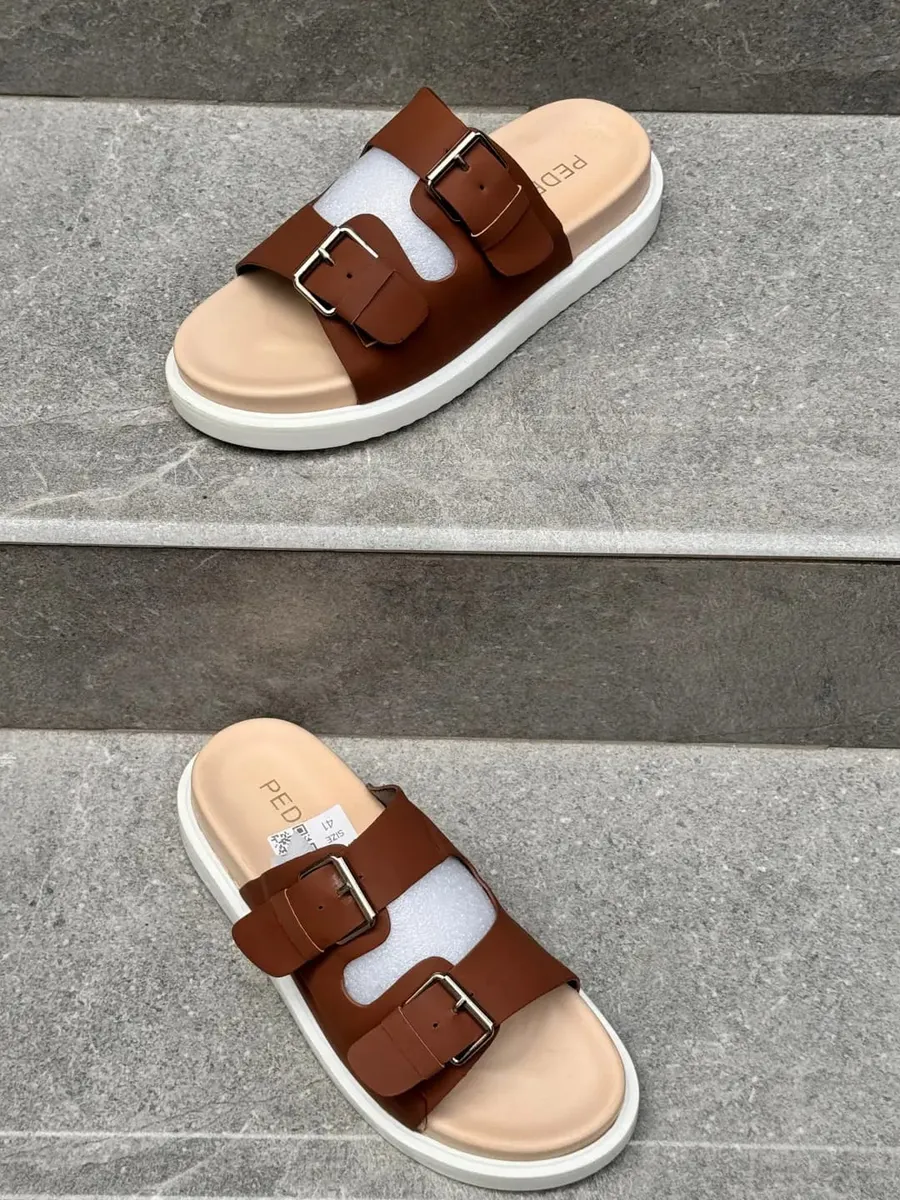 Brown Double-Strap Slide Sandals - Image 2