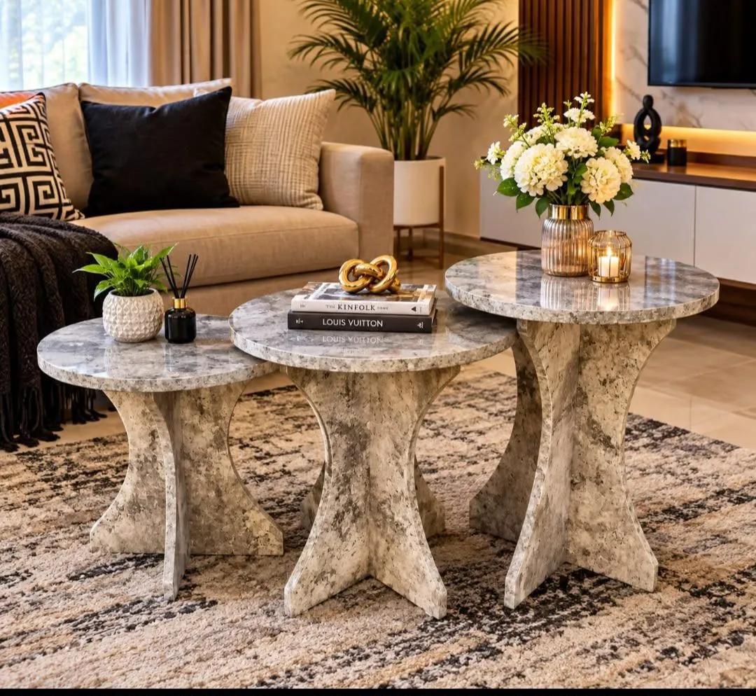 Set of 3 Round Marble-Look Nesting Side Tables with Pedestal Bases