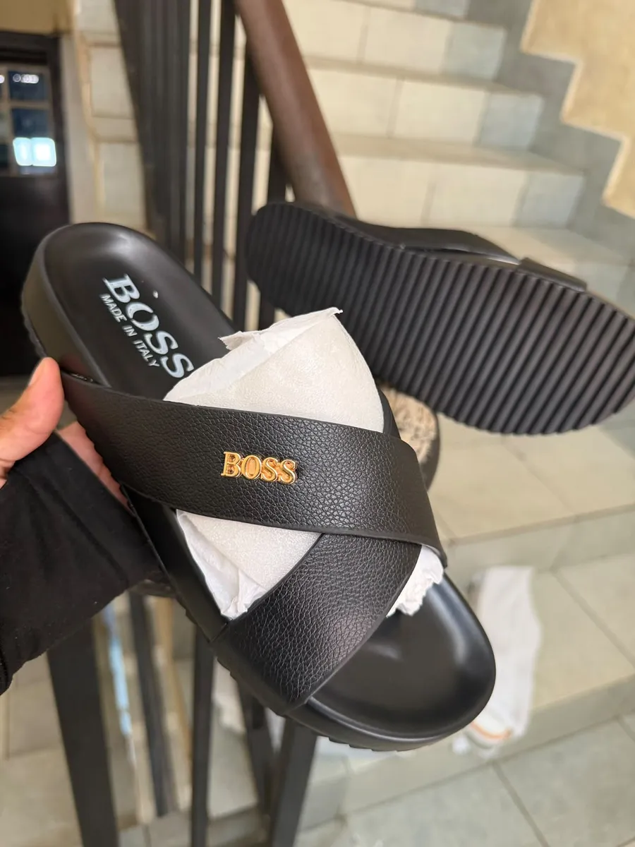 BOSS Black Cross-Strap Slide Sandals - Image 2