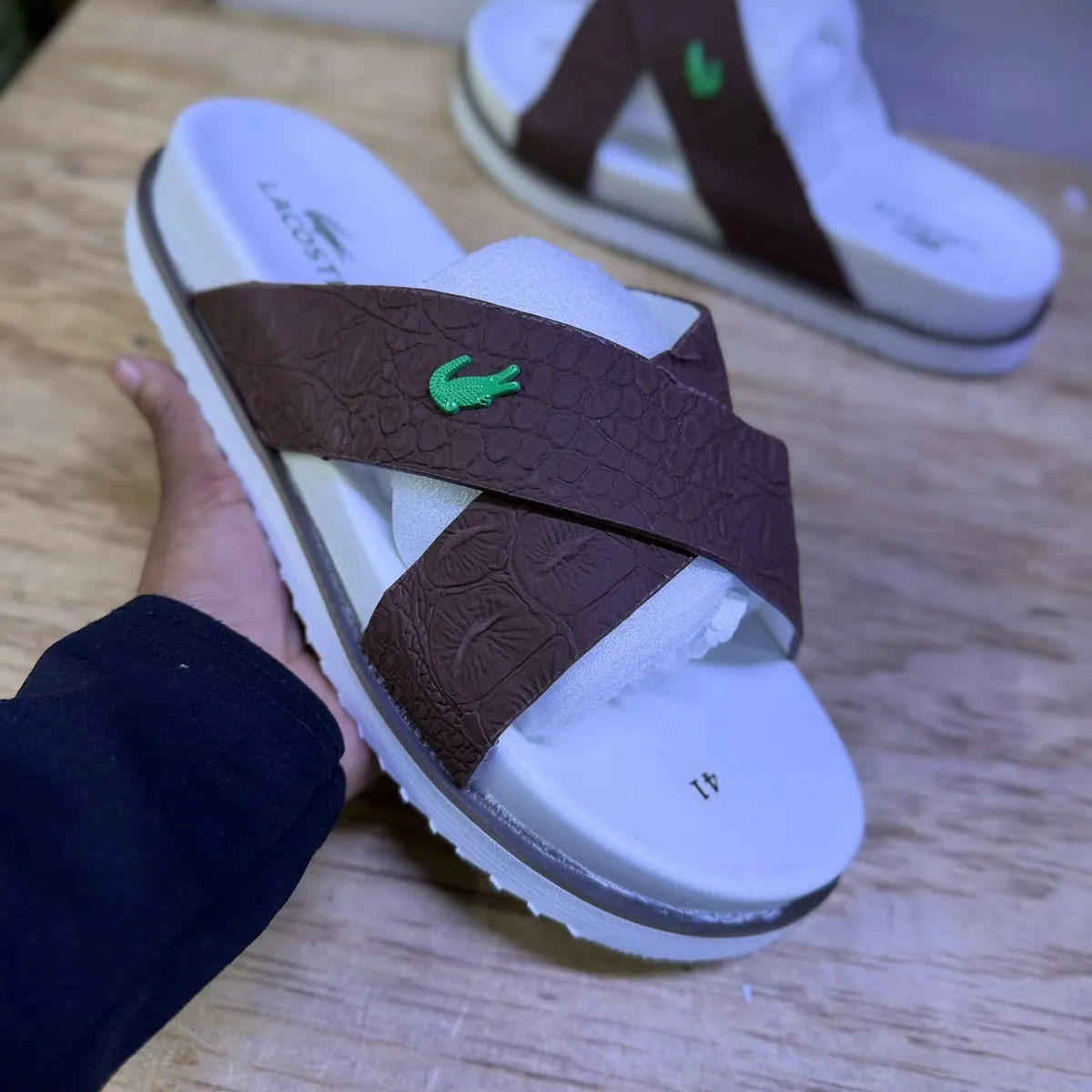 Lacoste Brown Cross-Strap Slide Sandals - Image 2