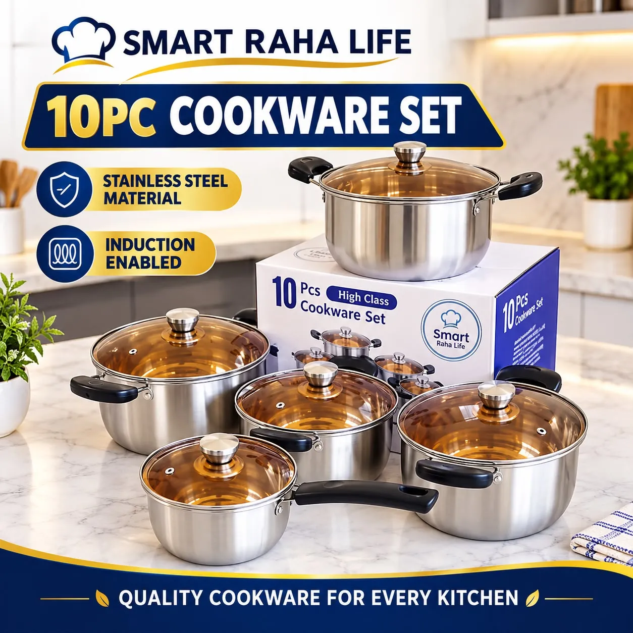 Smart Raha Life 10-Piece Stainless Steel Cookware Set