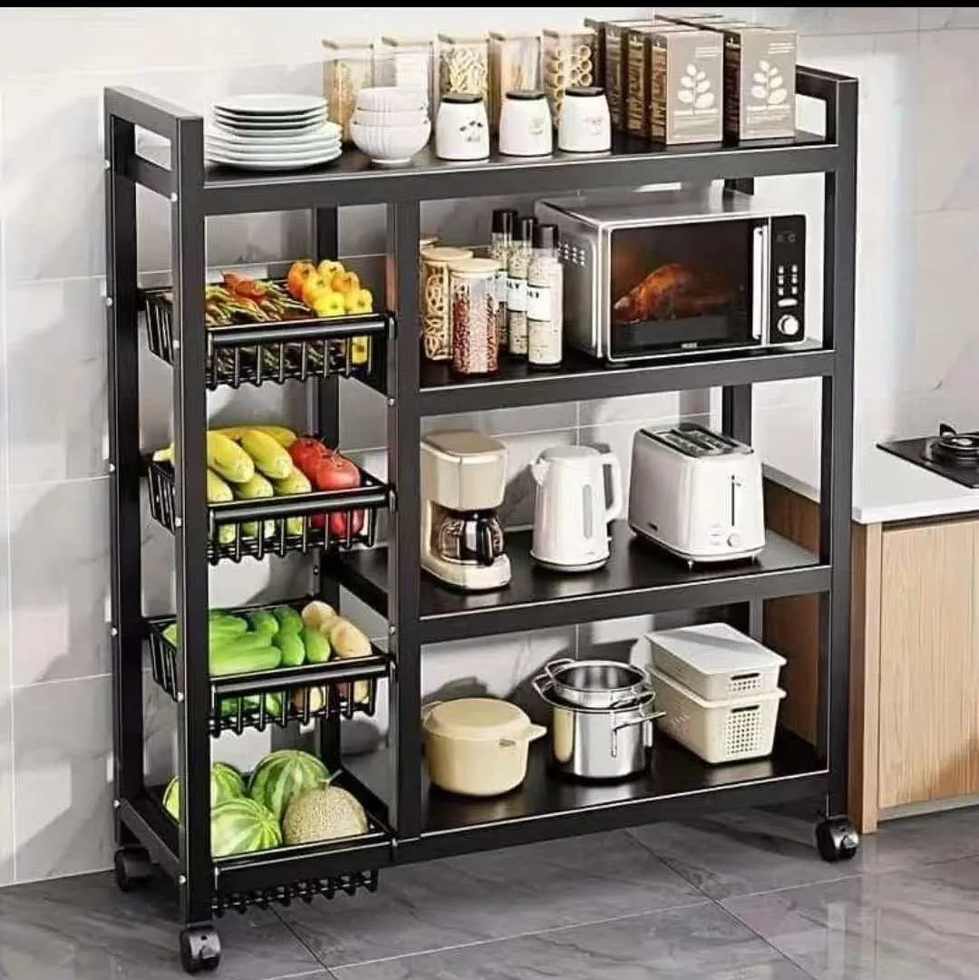 Black Metal Rolling Kitchen Storage Cart with Side Baskets