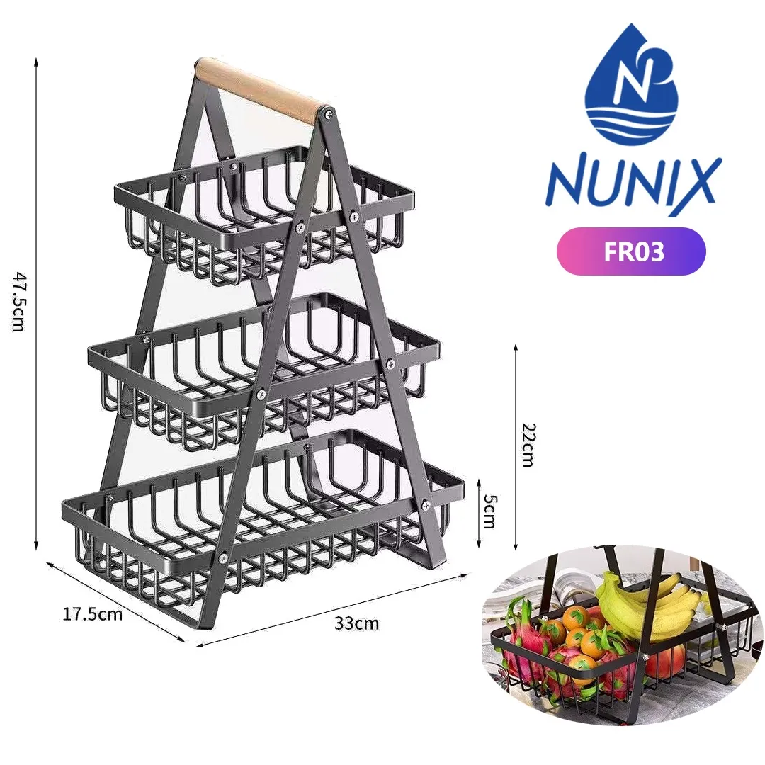 NUNIX FR03 3-Tier Metal Wire Fruit Basket Stand with Wooden Handle - Image 2