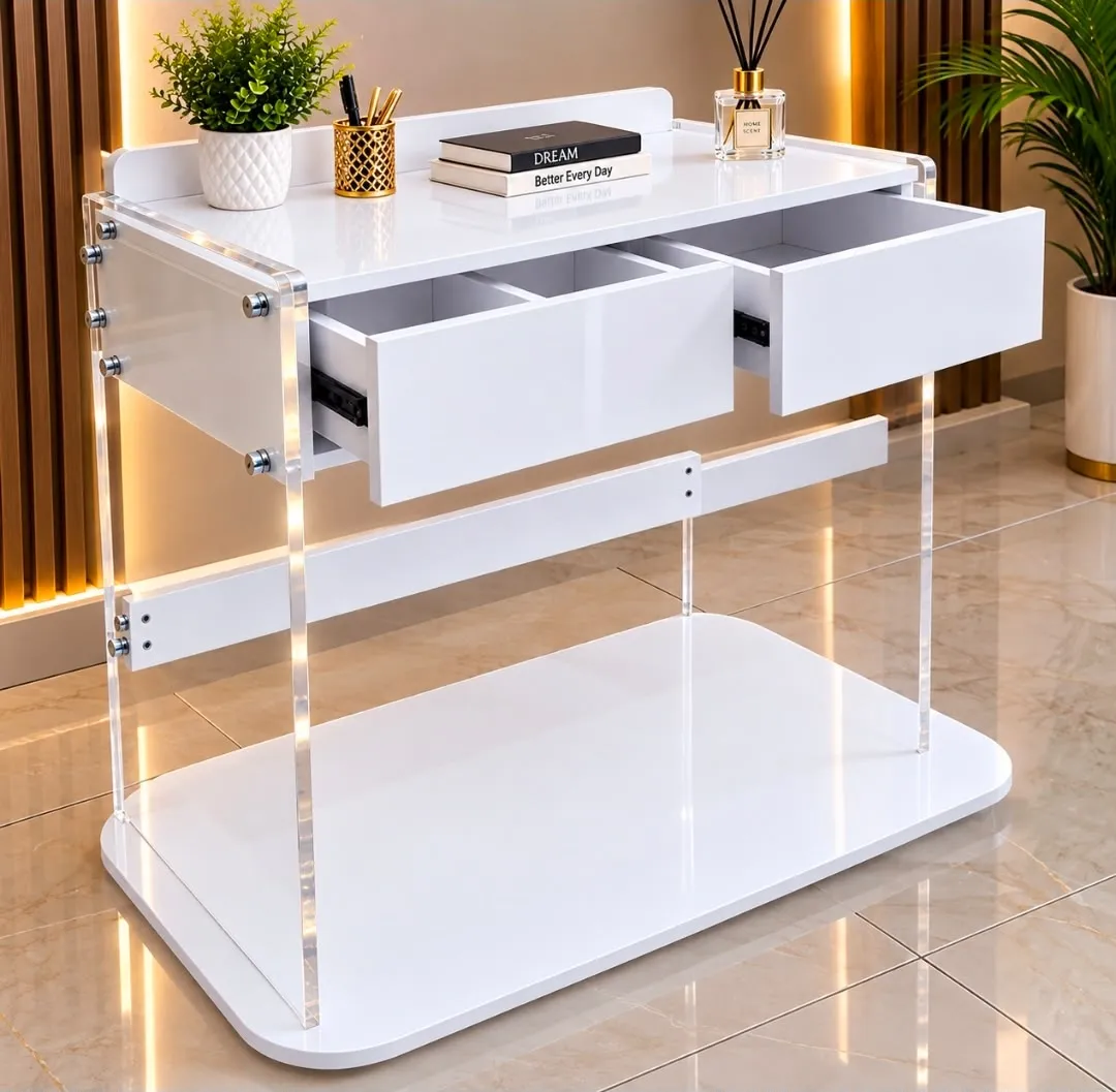 Modern White Desk with Clear Acrylic Legs and Two Drawers - Image 2