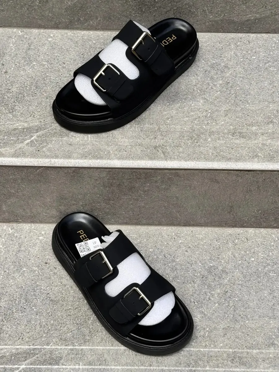 Black Double-Strap Buckle Slide Sandals - Image 2