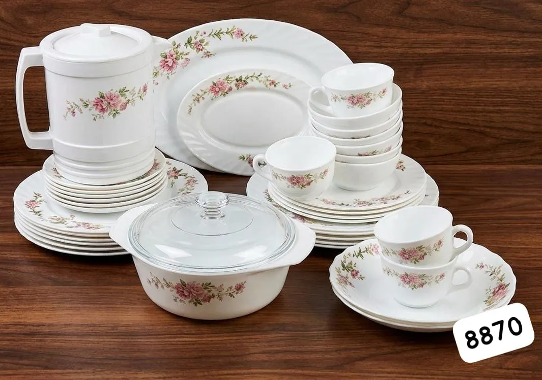 White Floral Ceramic Dinner Set with Serving Jug and Casserole
