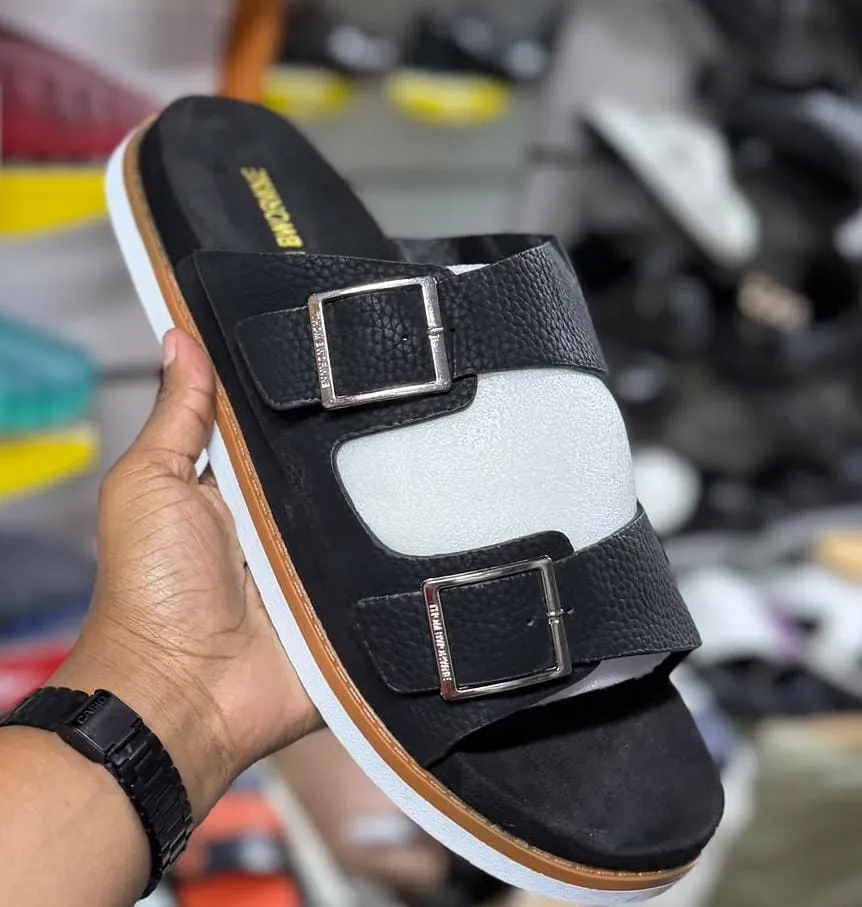 Black Double-Buckle Slide Sandals