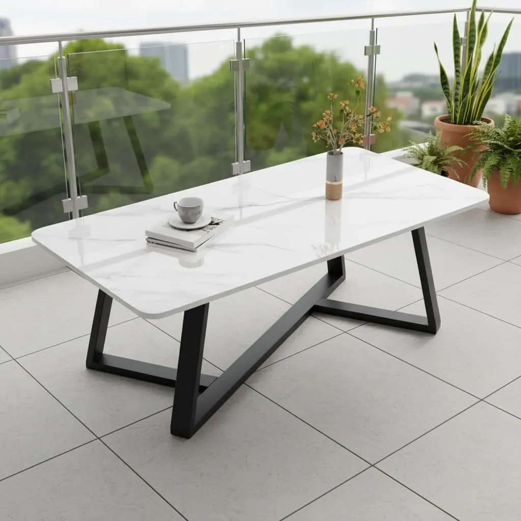 Pure Marble Top Coffee Table with White Surface and Black Metal Frame - Image 5