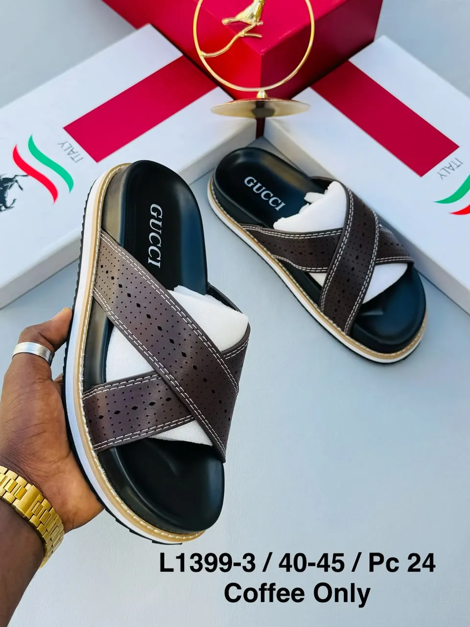 Gucci Brown Perforated Cross-Strap Slide Sandals