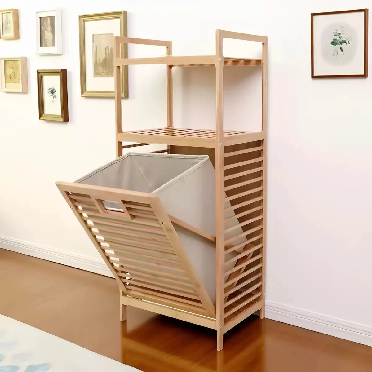 Bamboo Tilt-Out Laundry Hamper with Storage Shelves - Image 2