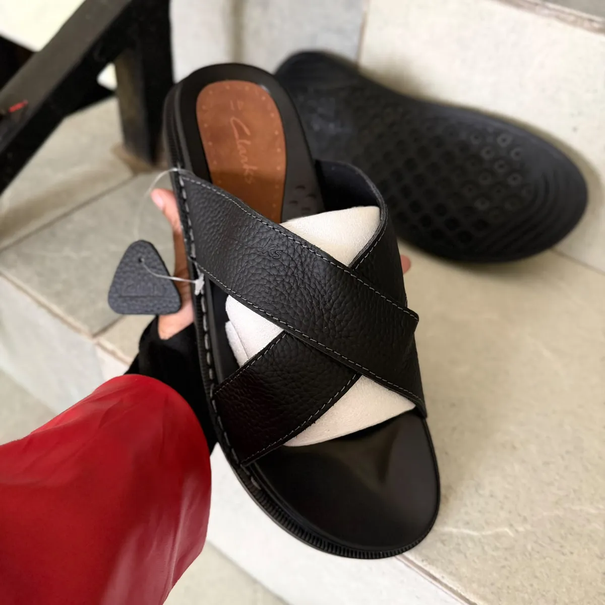 Clarks Brown Crisscross Leather Slide Sandals - Image 3