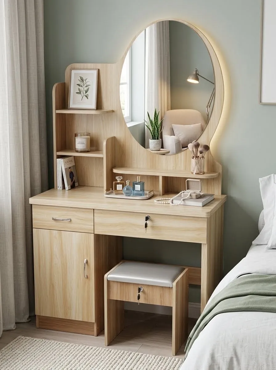 Wooden Dressing Table with Oval Mirror and Stool - Image 2