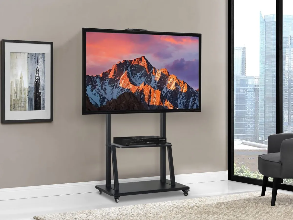 Black Mobile TV Trolley Stand with Wheels and Shelves - Image 2