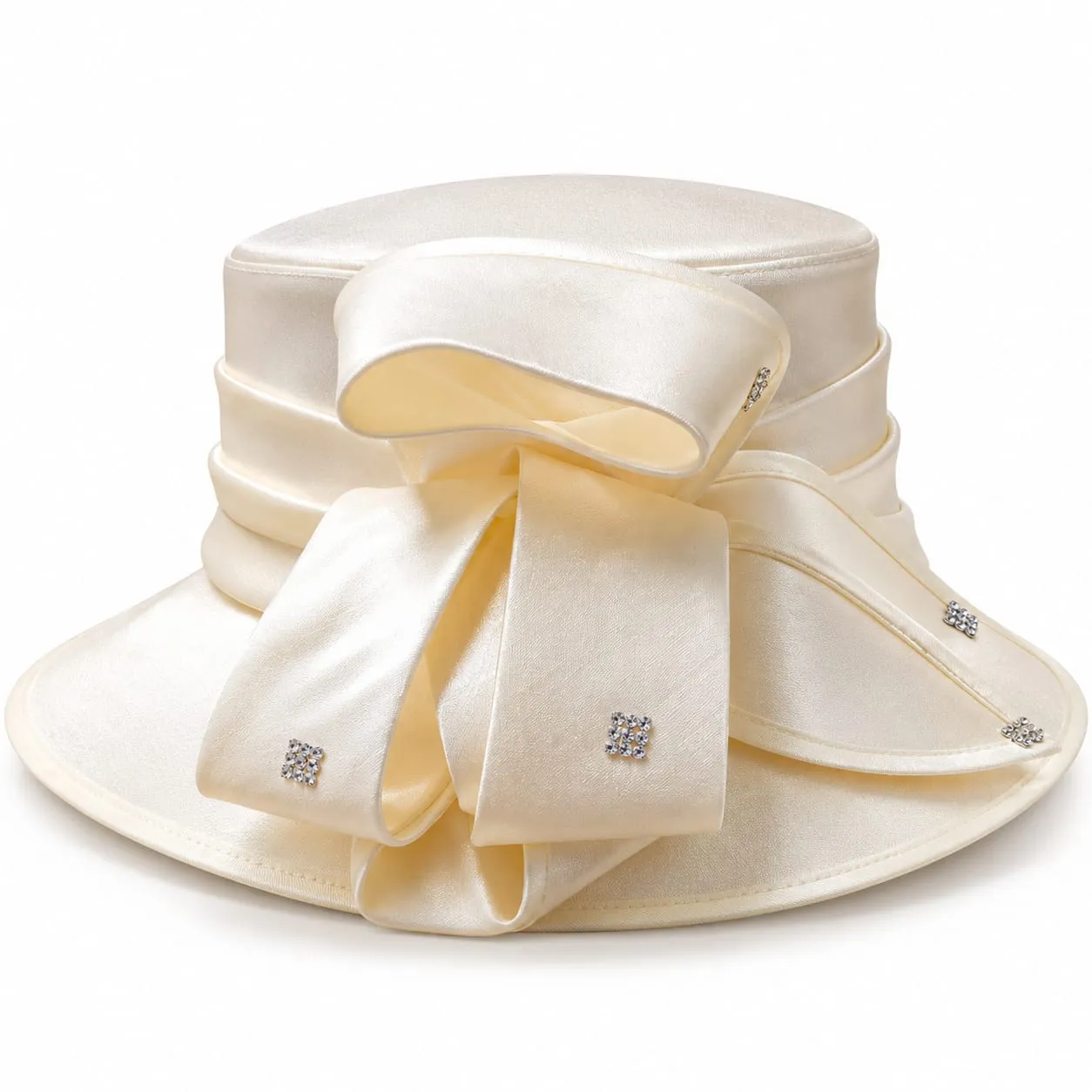 Ivory Satin Bow Dress Hat with Rhinestone Accents