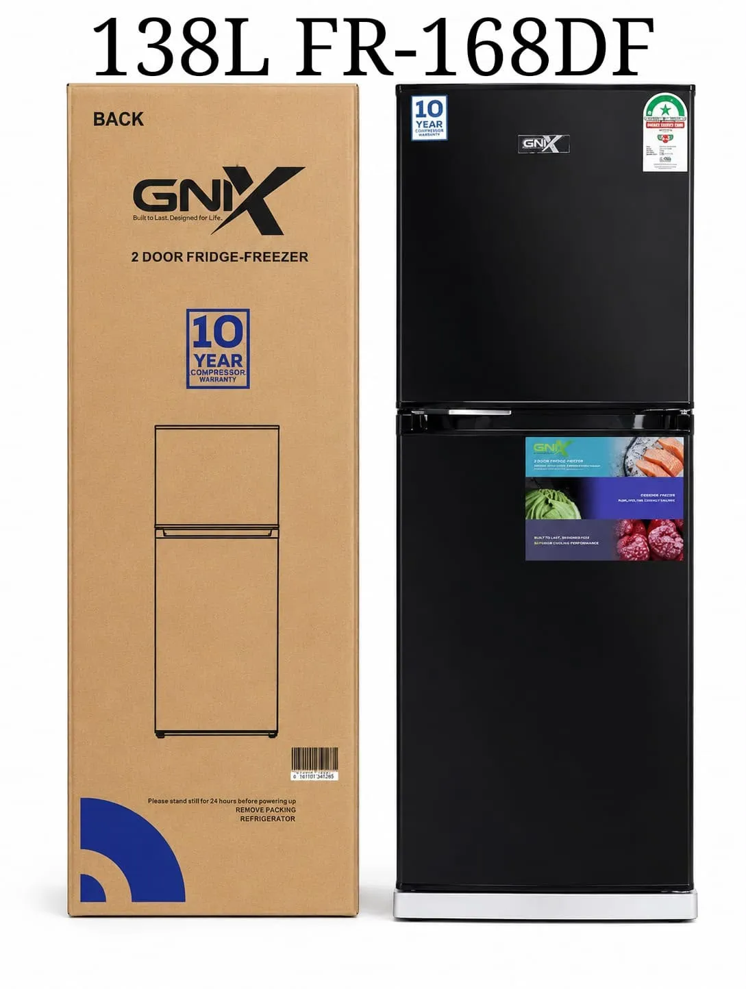 GNIX 138L FR-168DF 2-Door Fridge-Freezer, Black