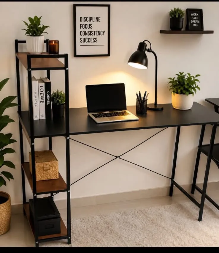 Black Computer Desk with Side Storage Shelves