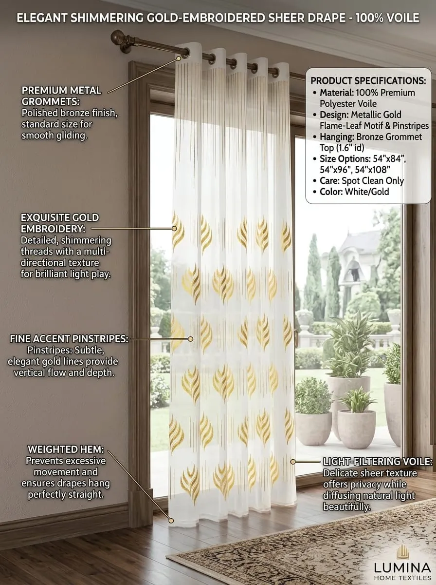 Lumina Gold Embroidered Sheer Curtain Panel