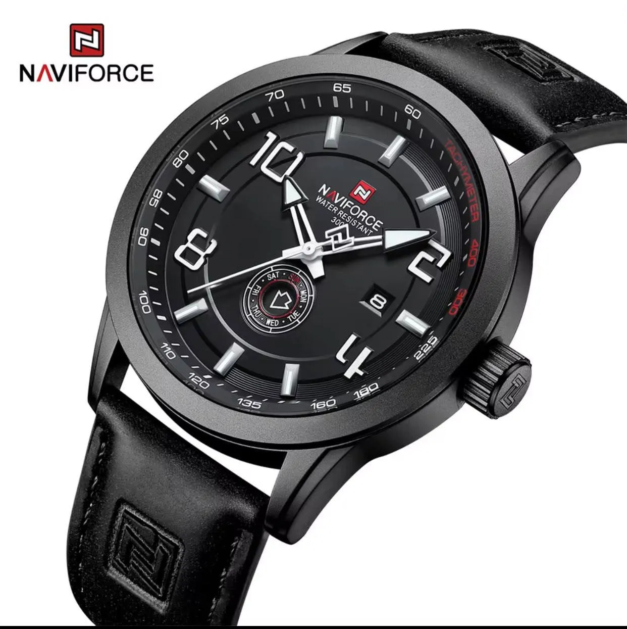 NAVIFORCE Black Analog Watch with Leather Strap