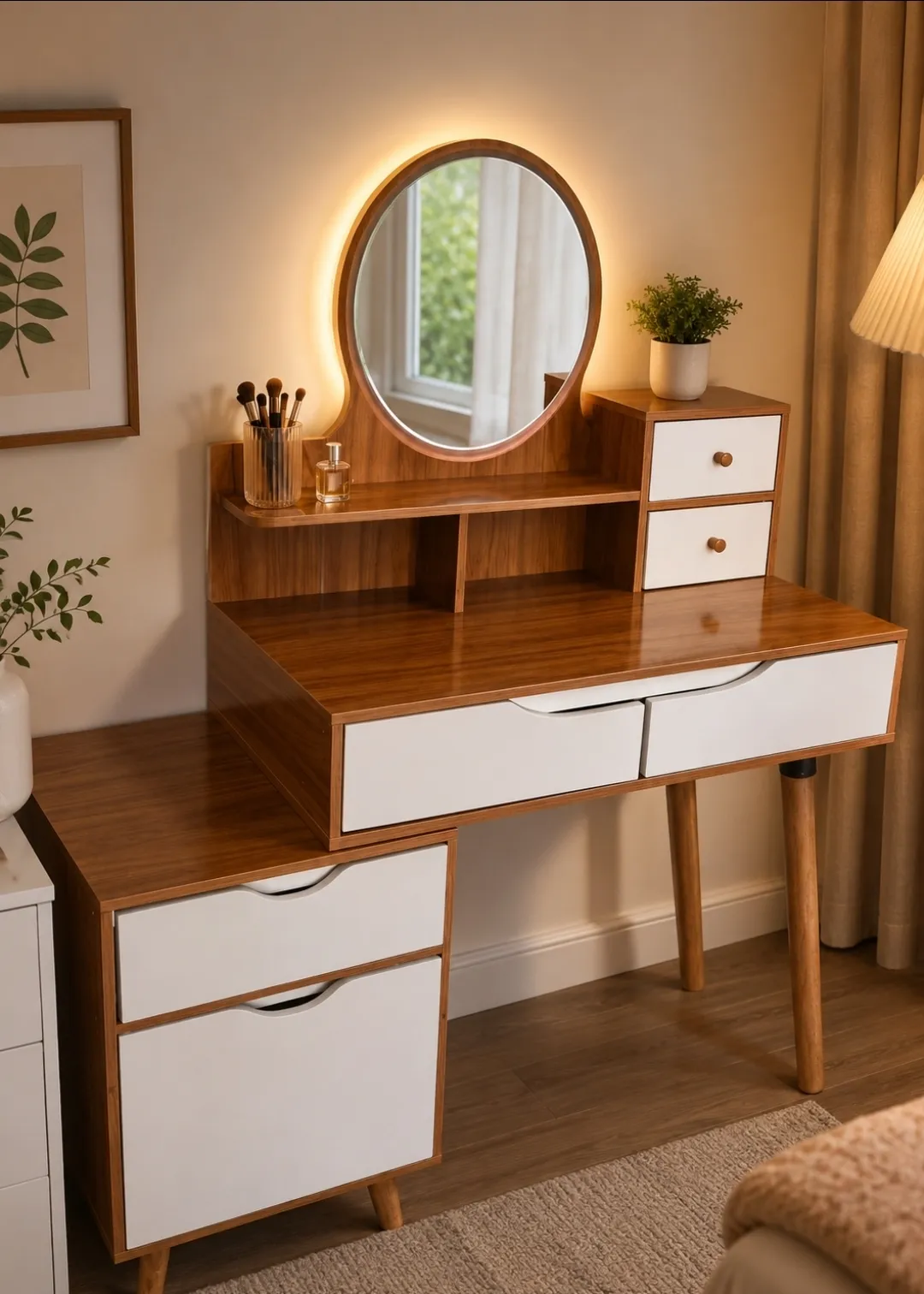 Wooden Vanity Dressing Table with Round Illuminated Mirror